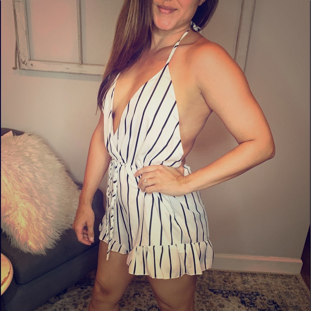 White Striped Backless Romper